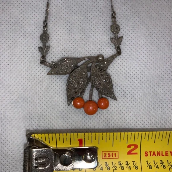 Antique Sterling Silver Coral Cherry Necklace - Picture 6 of 8